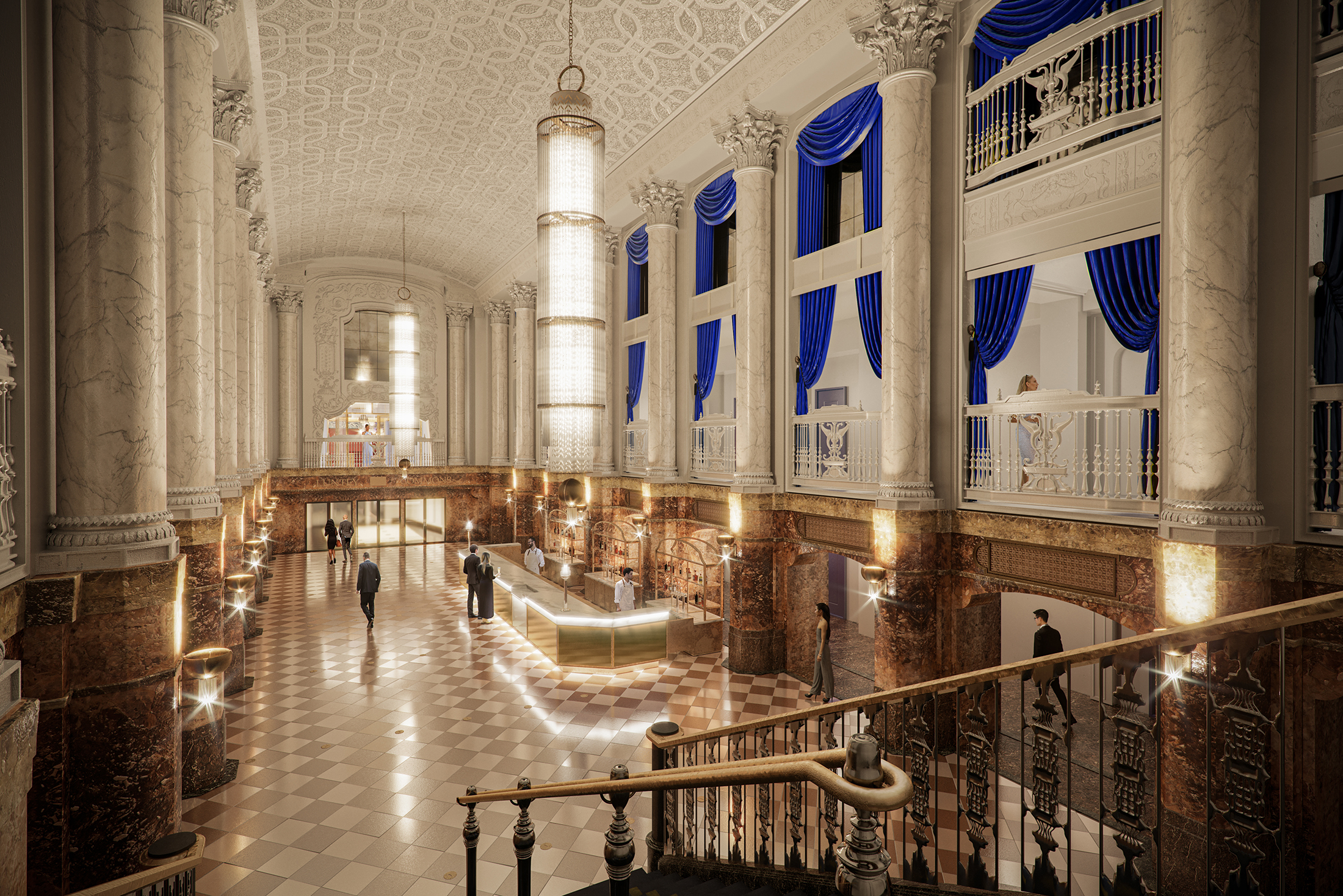 brooklyn paramount - rendering showing high ceilinged lobby with columns