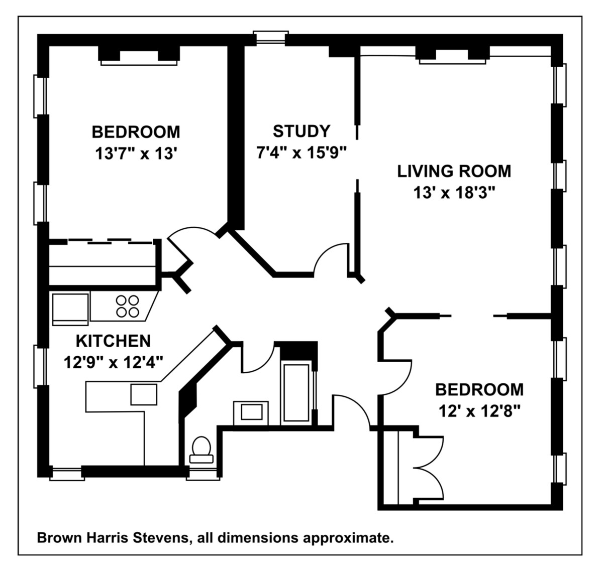 floor plan with two bedrooms and a study