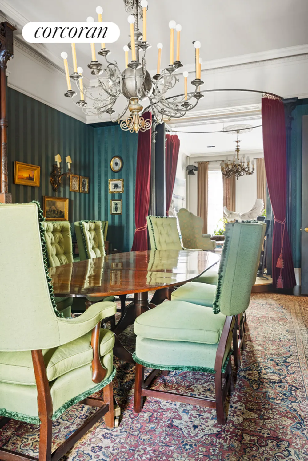 dining room with blue striped wallcovering