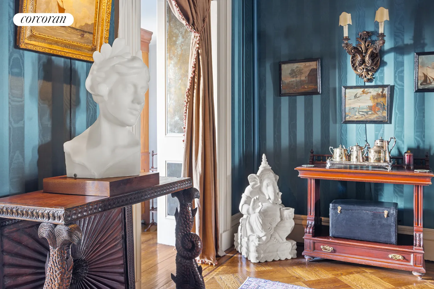 detail of blue striped wallcovering in dining room