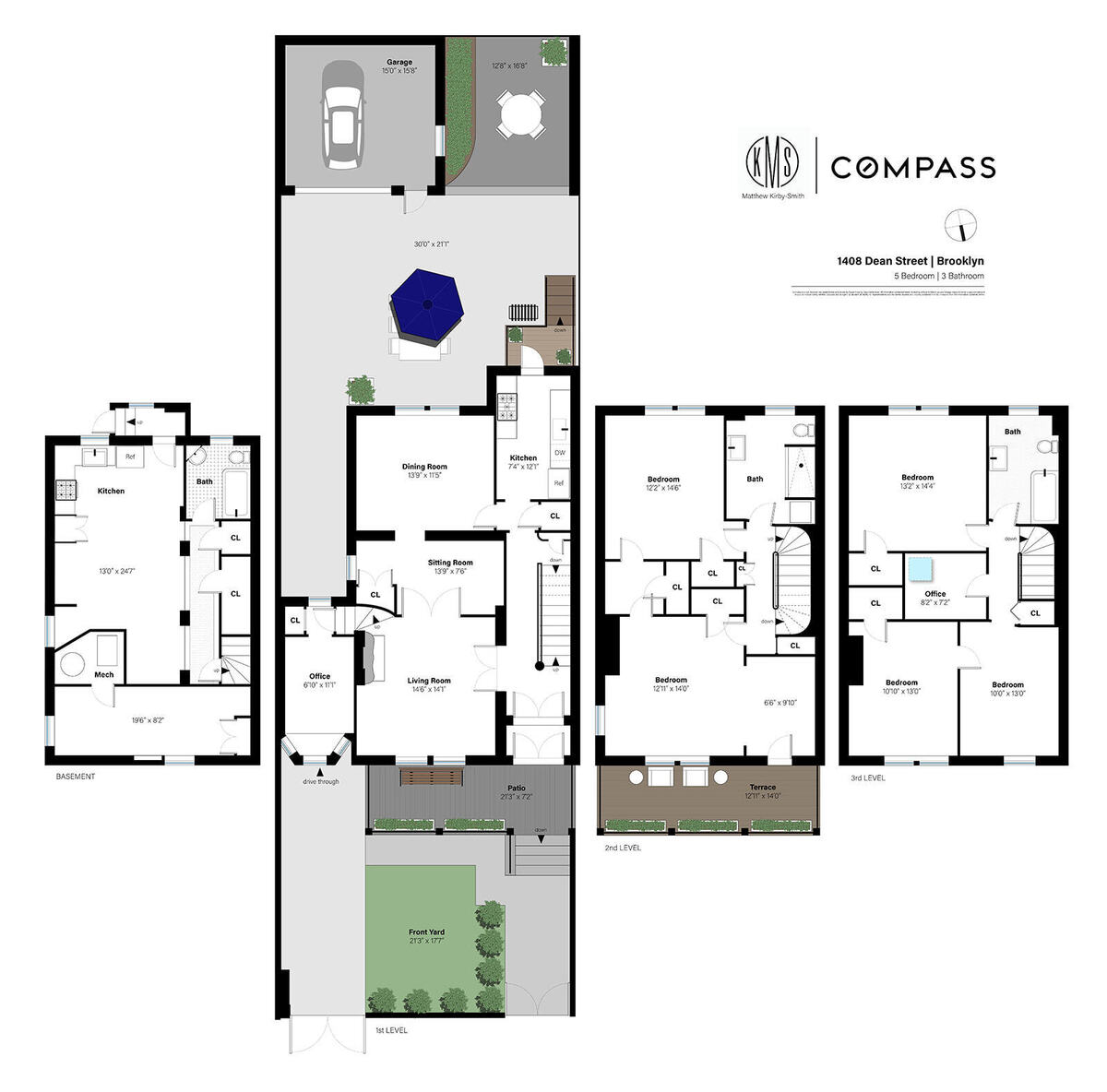 floorplan showing four floors and the garage at the rear of the yard