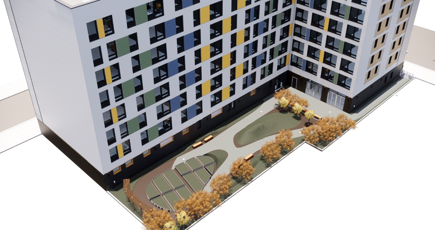 rendering showing the building and the landscaped yard