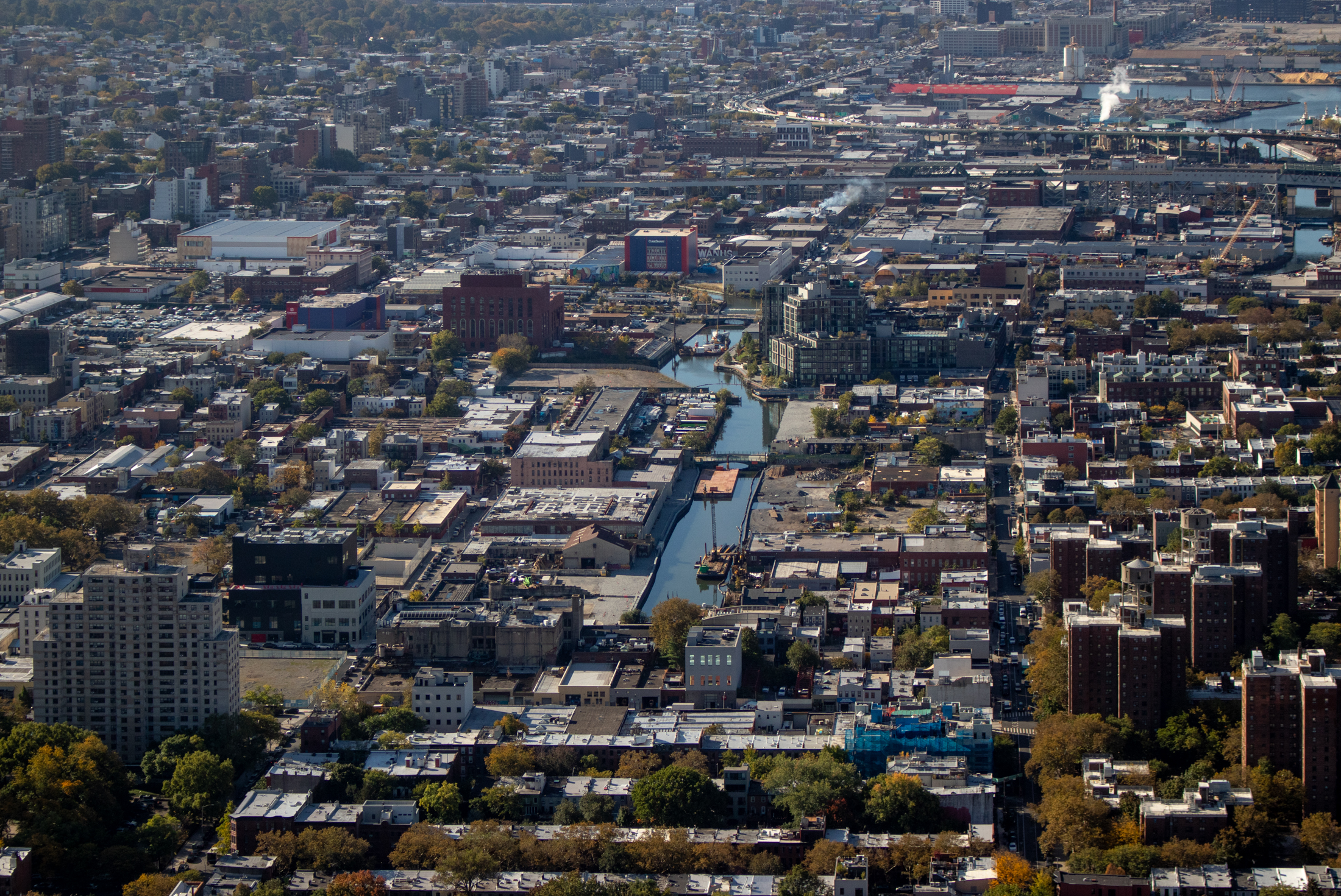 aerial view of buildings along the canal