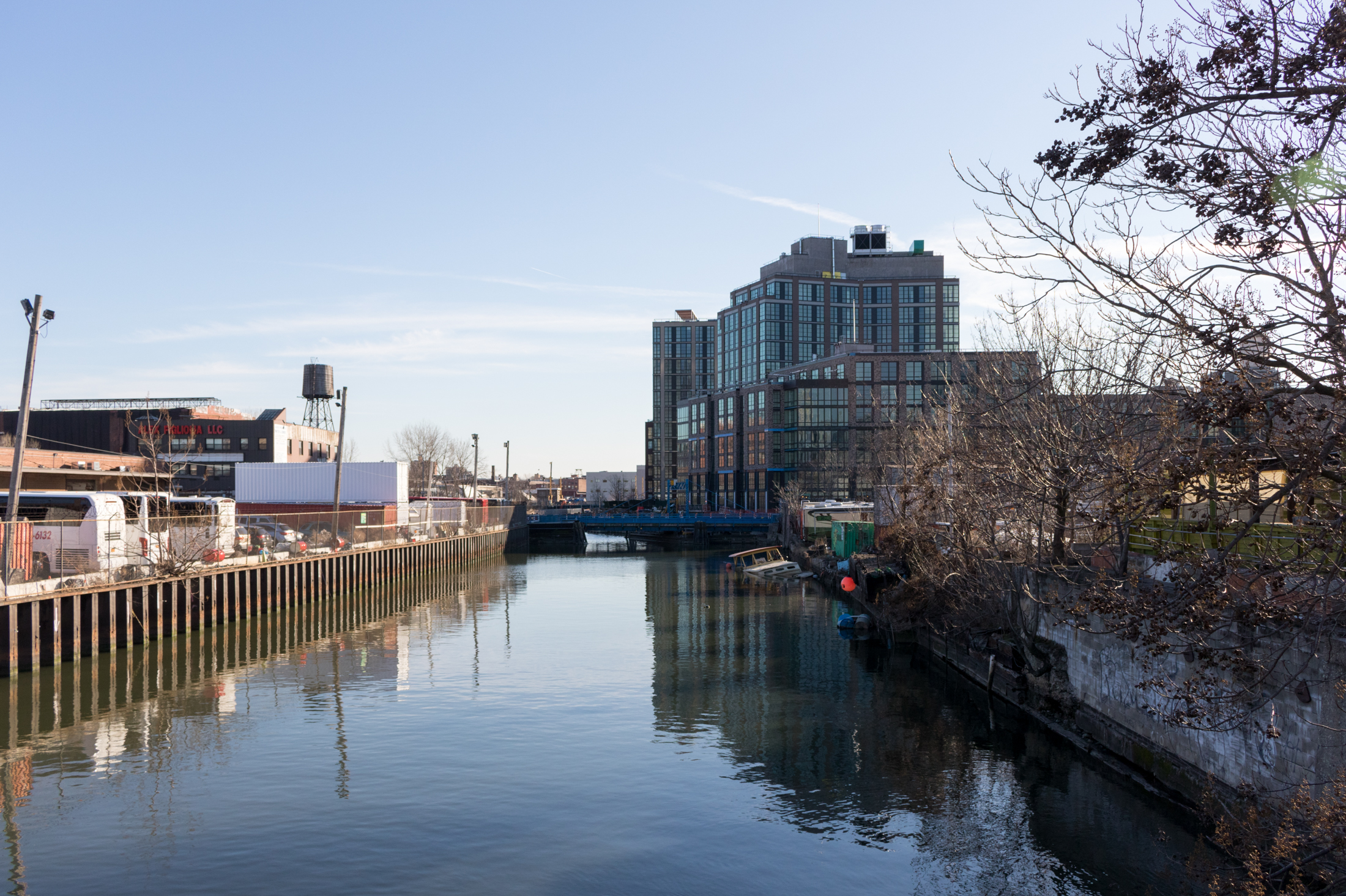 view of the canal with new construction adjacent to the carroll street bridge