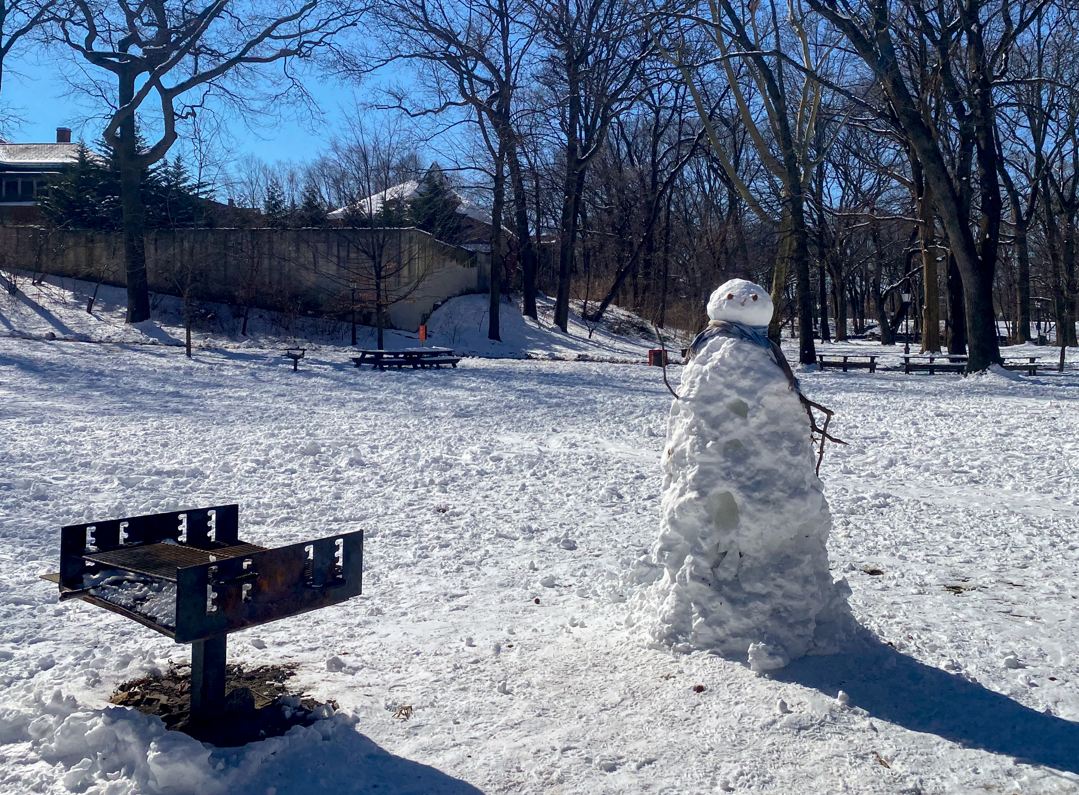brooklyn - snow figure with a scarf and arms in snowy higland park