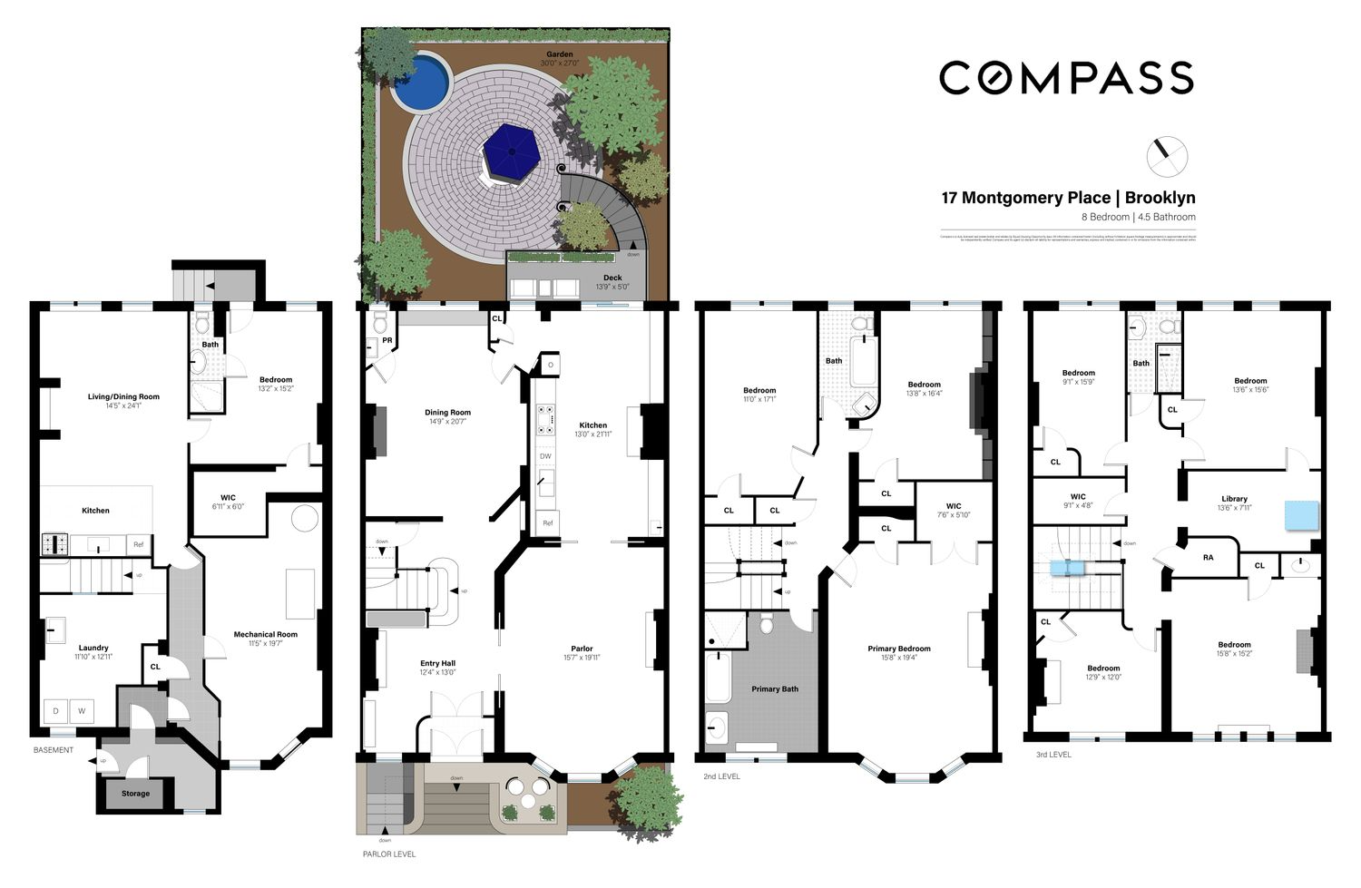 floor plan showing garden level apartment and three floors above