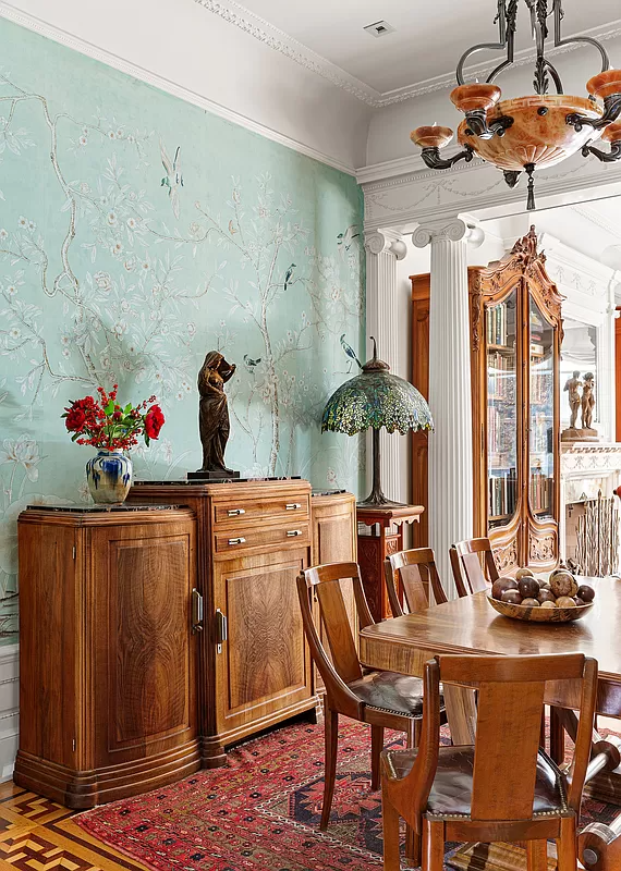 middle parlor with pale blue wallpaper