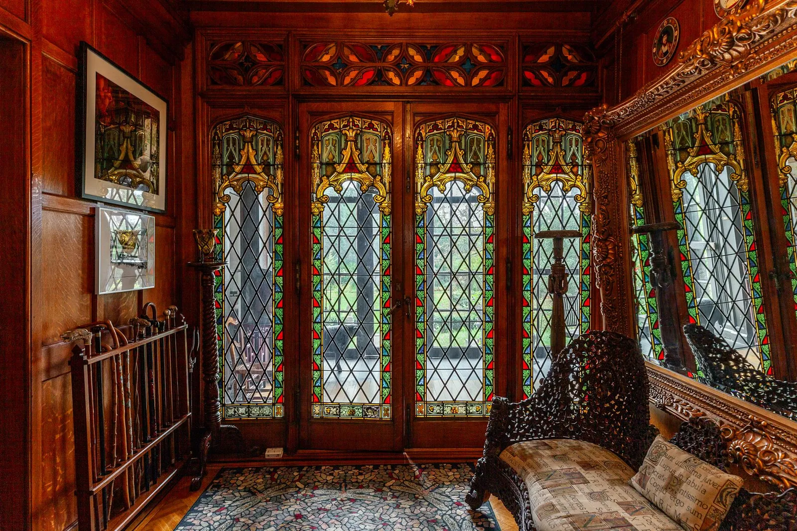 doors to sunroom with stained glass