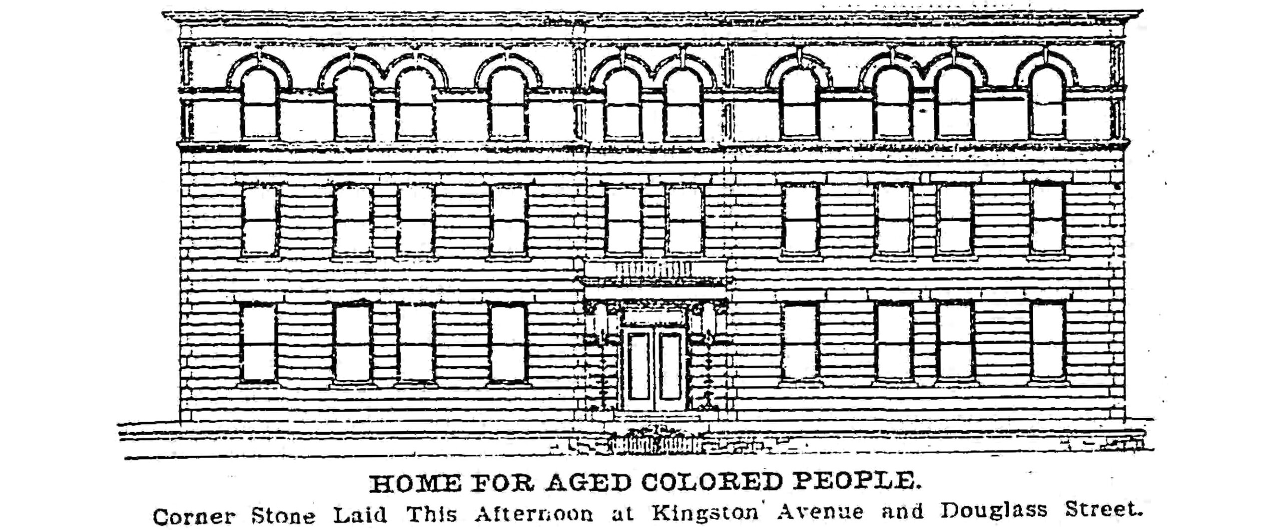 black and white line drawing showing the front facade of the three story building