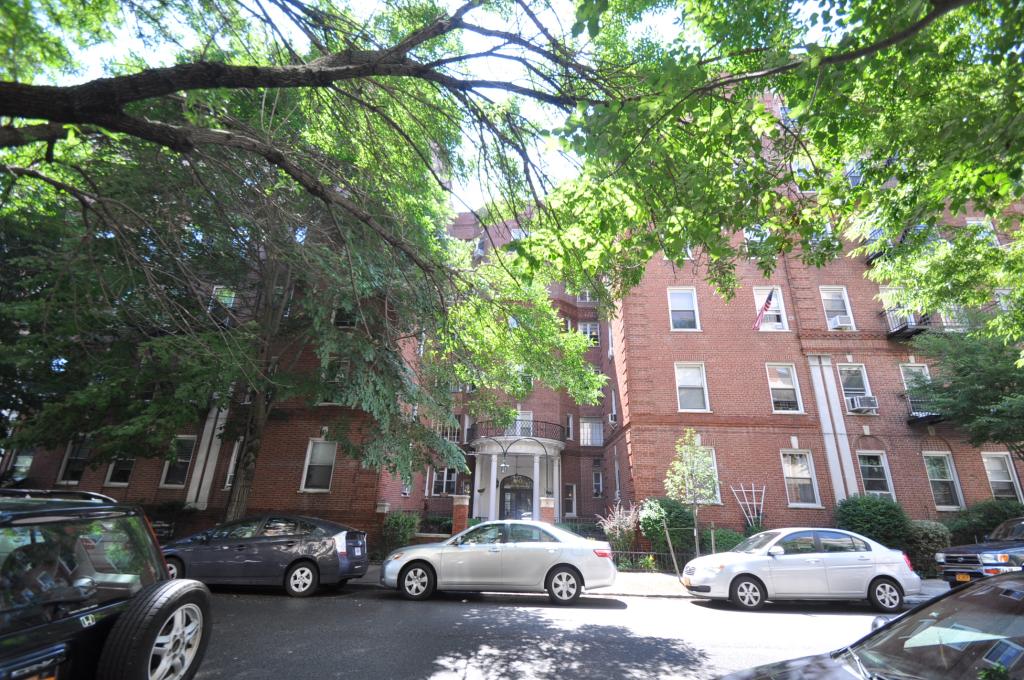 trees covering a view of the red brick apartment buidling