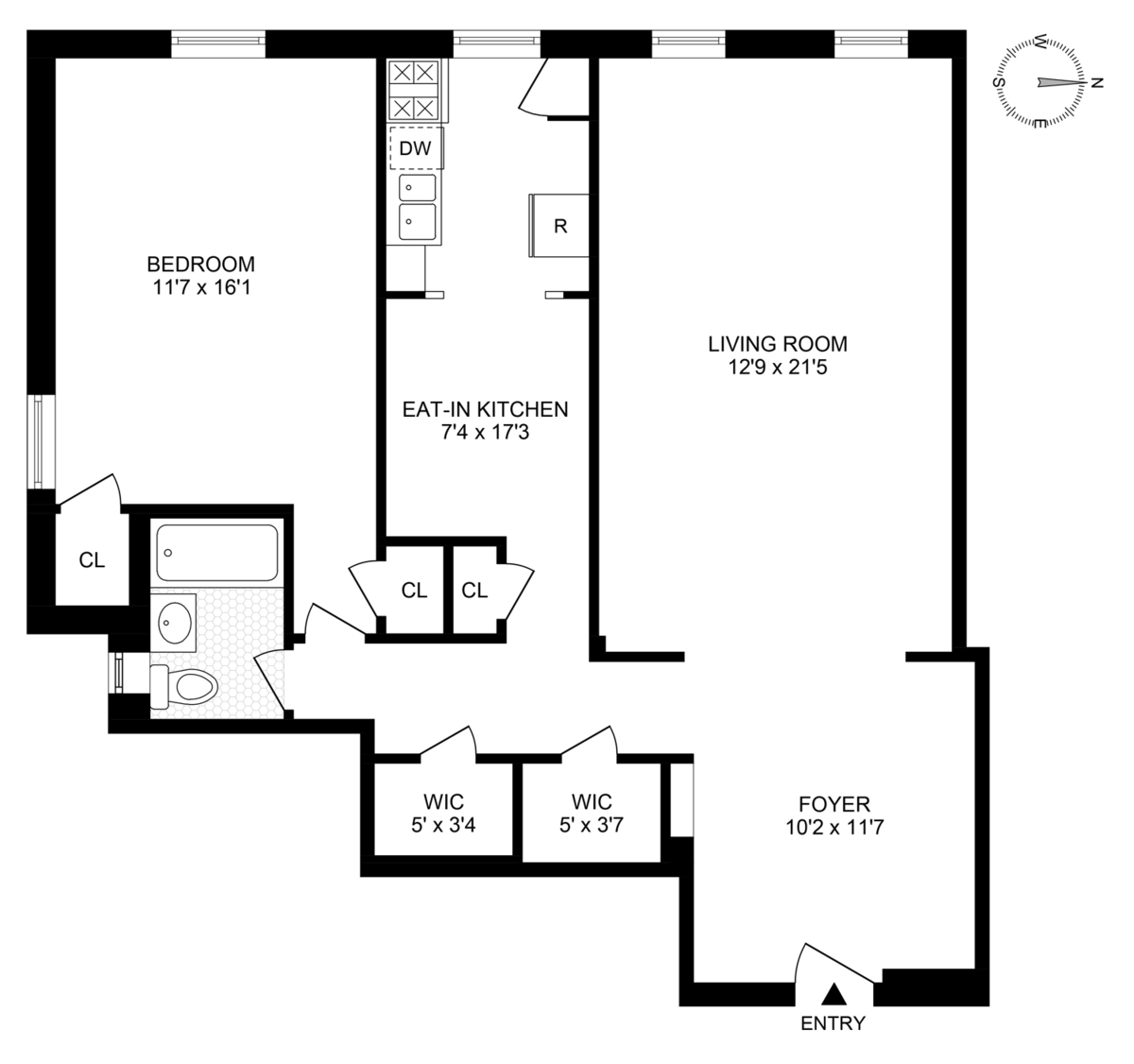 floorplan showing living room on one end of the unit and the bedroom on the other