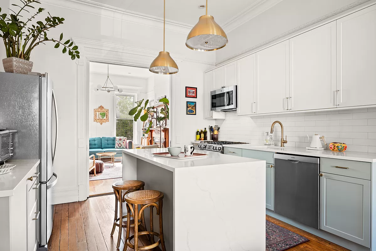 kitchen with white upper cabinets