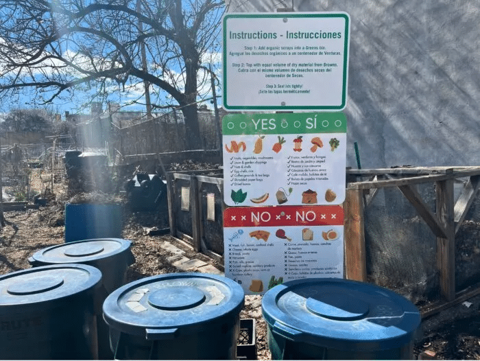 compost bins and signage about composting