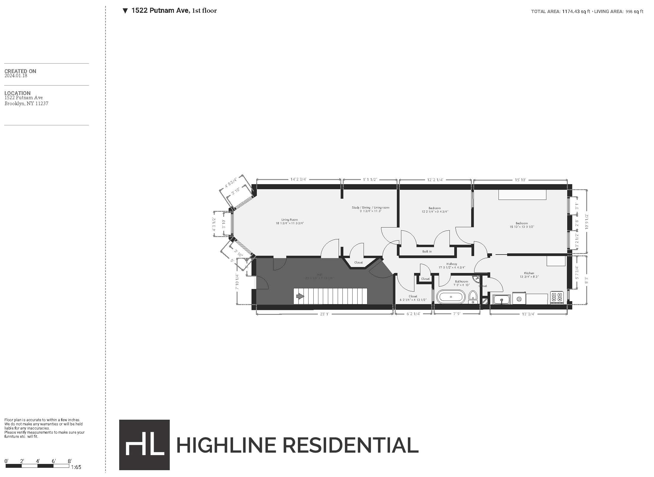 floor plan showing living room at front and kitchen at rear of the unit