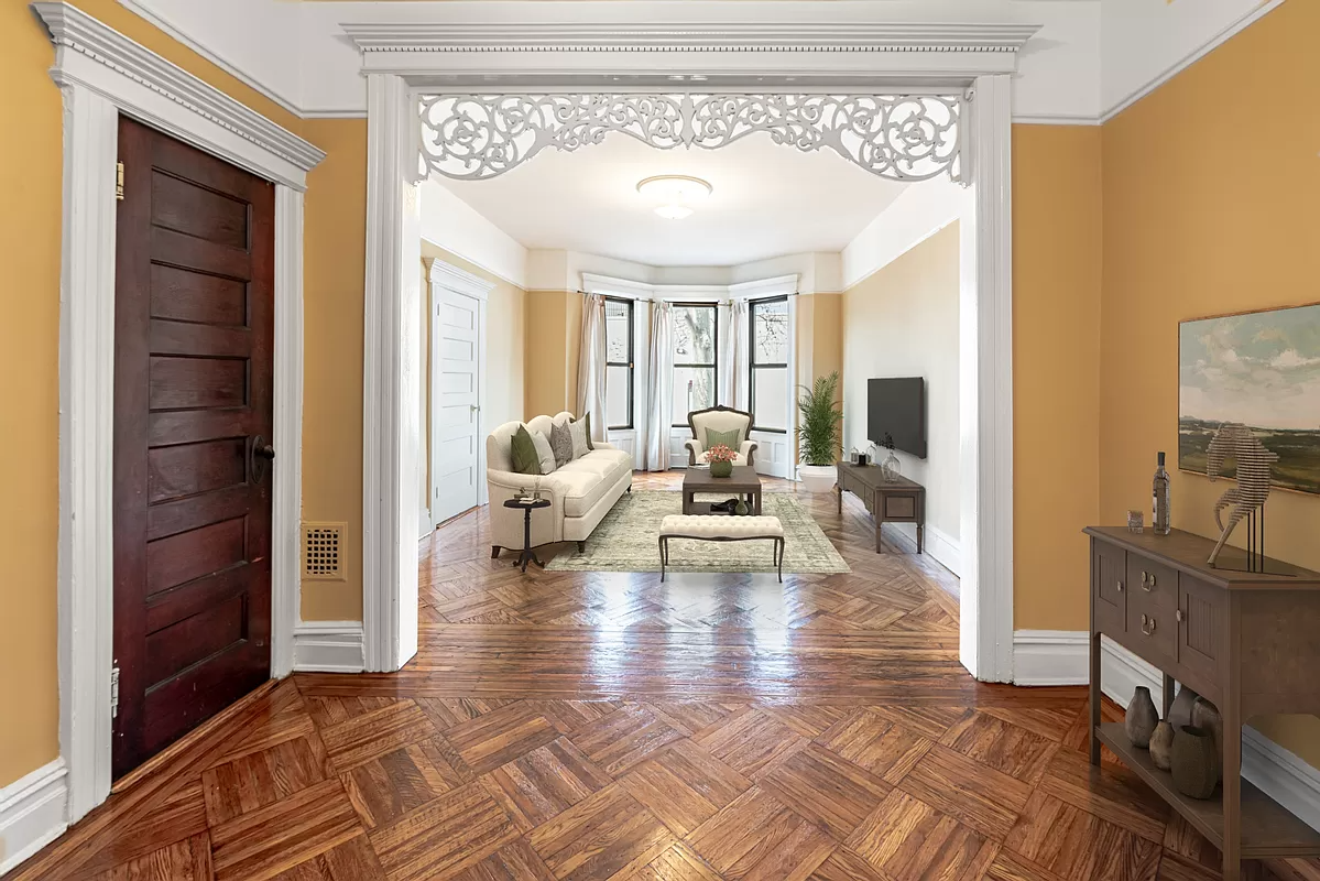 virtually staged living room with wood floors