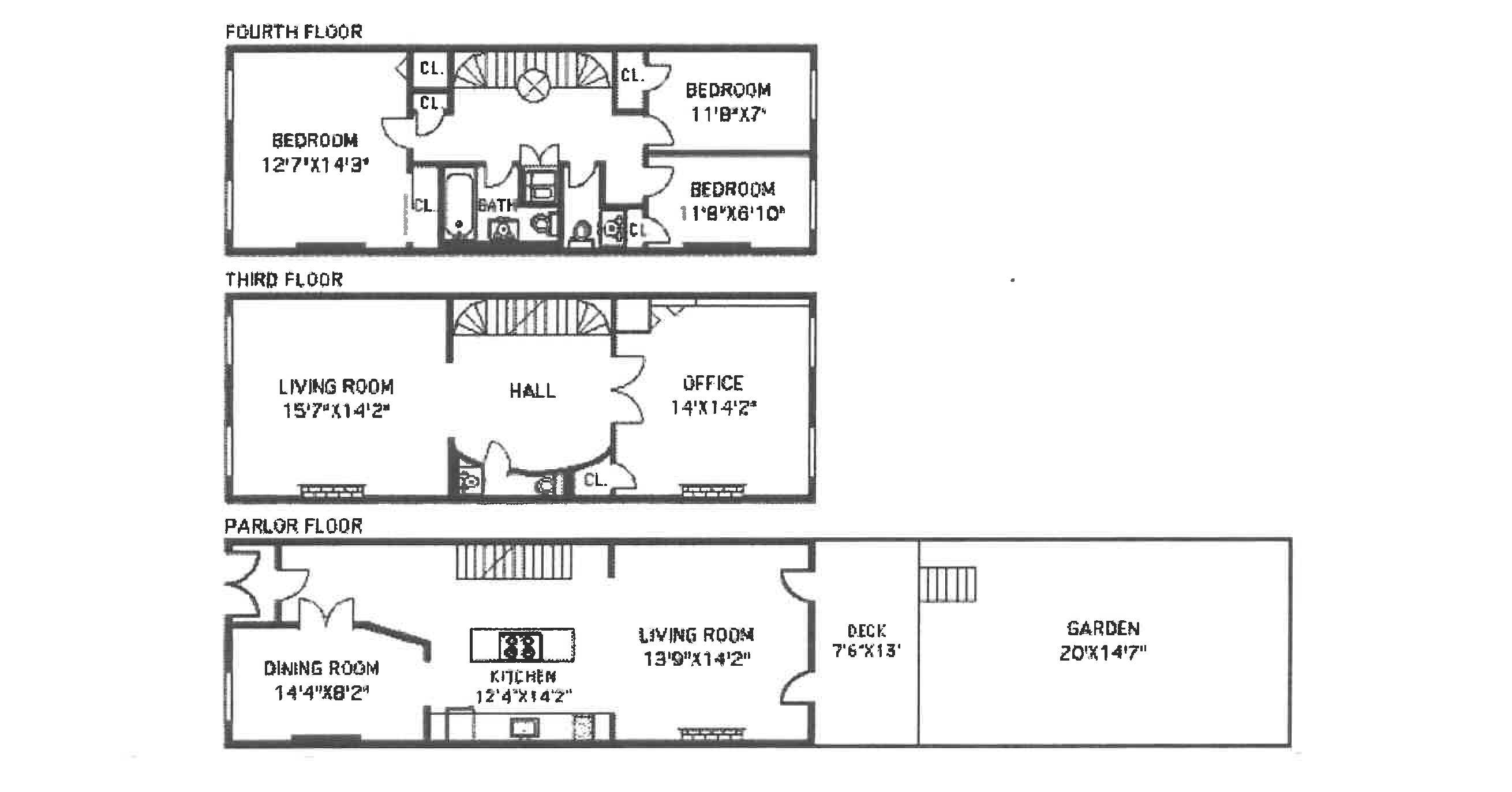 floor plan showing three floors with kitchen on parlor level