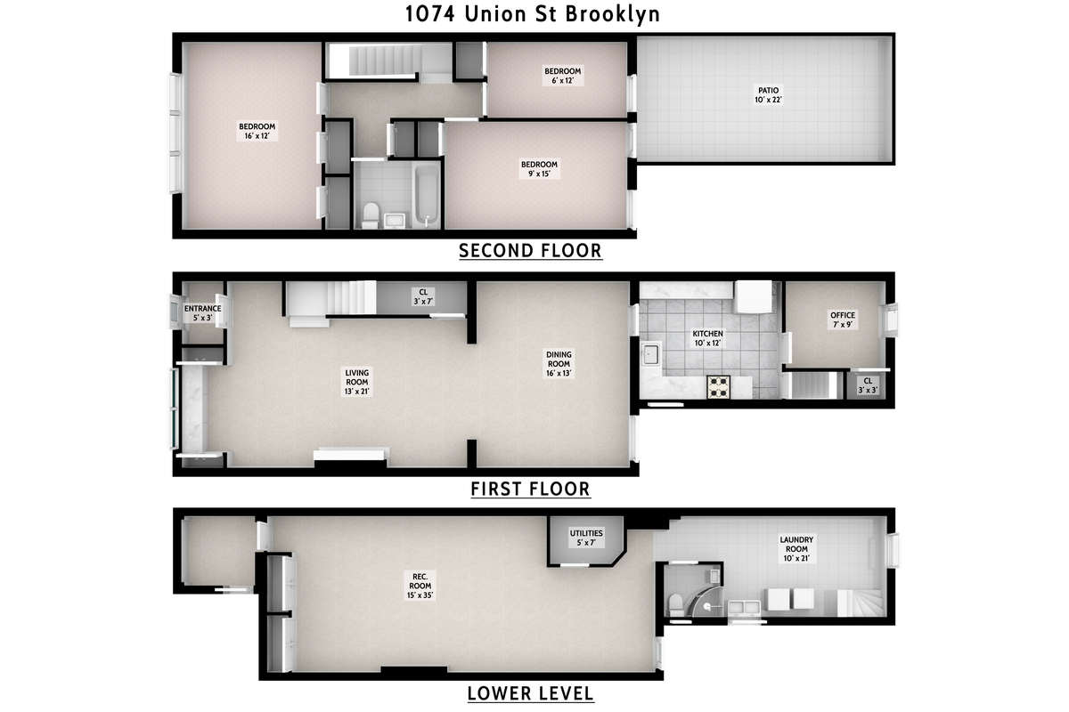 floorplan showing three floors with three bedrooms and two full baths