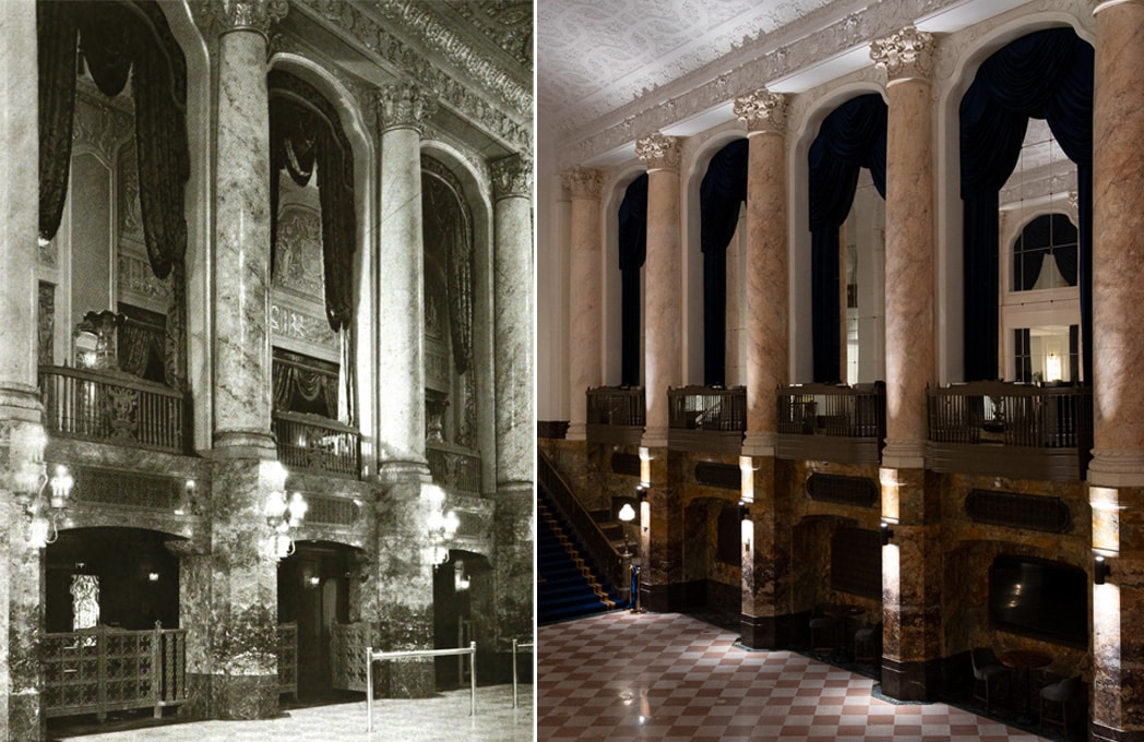 a black and white photo of the lobby and a current photo showing the columns