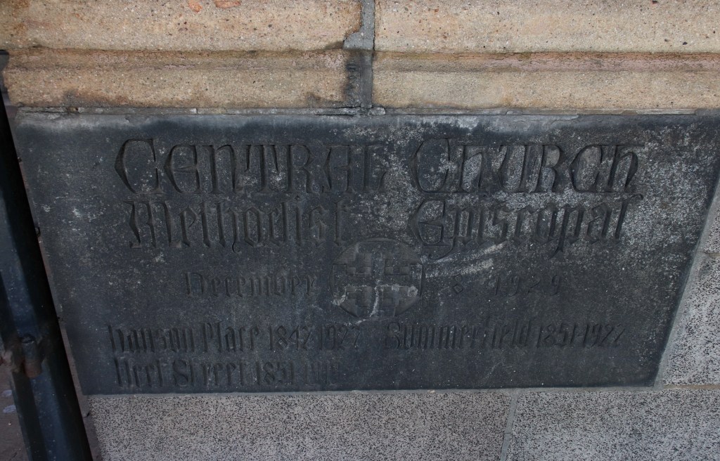 the corner stone for the Central Church dated 1929