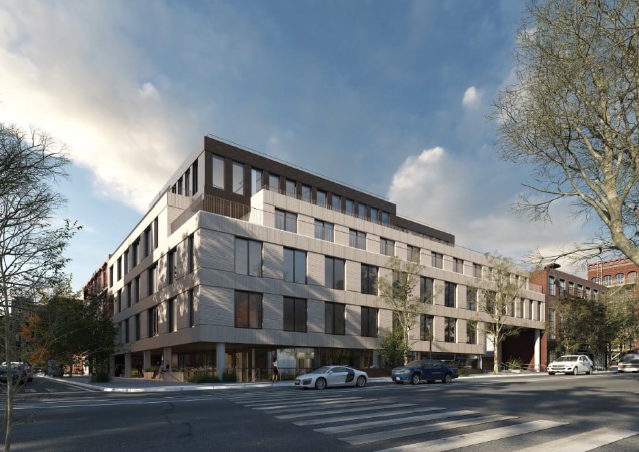 rendering of five story building with setbacks