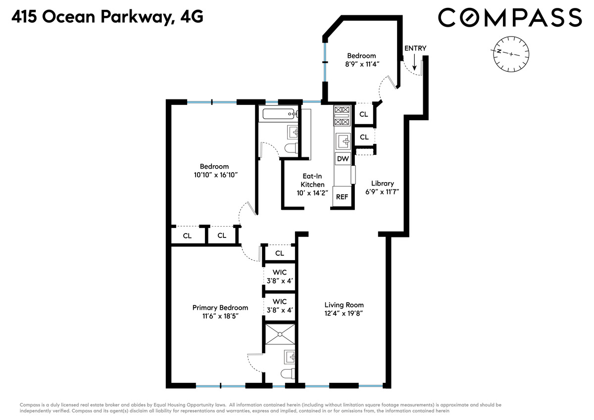 floor plan showing one bedroom near the entry and the others on the opposite side of the apartment