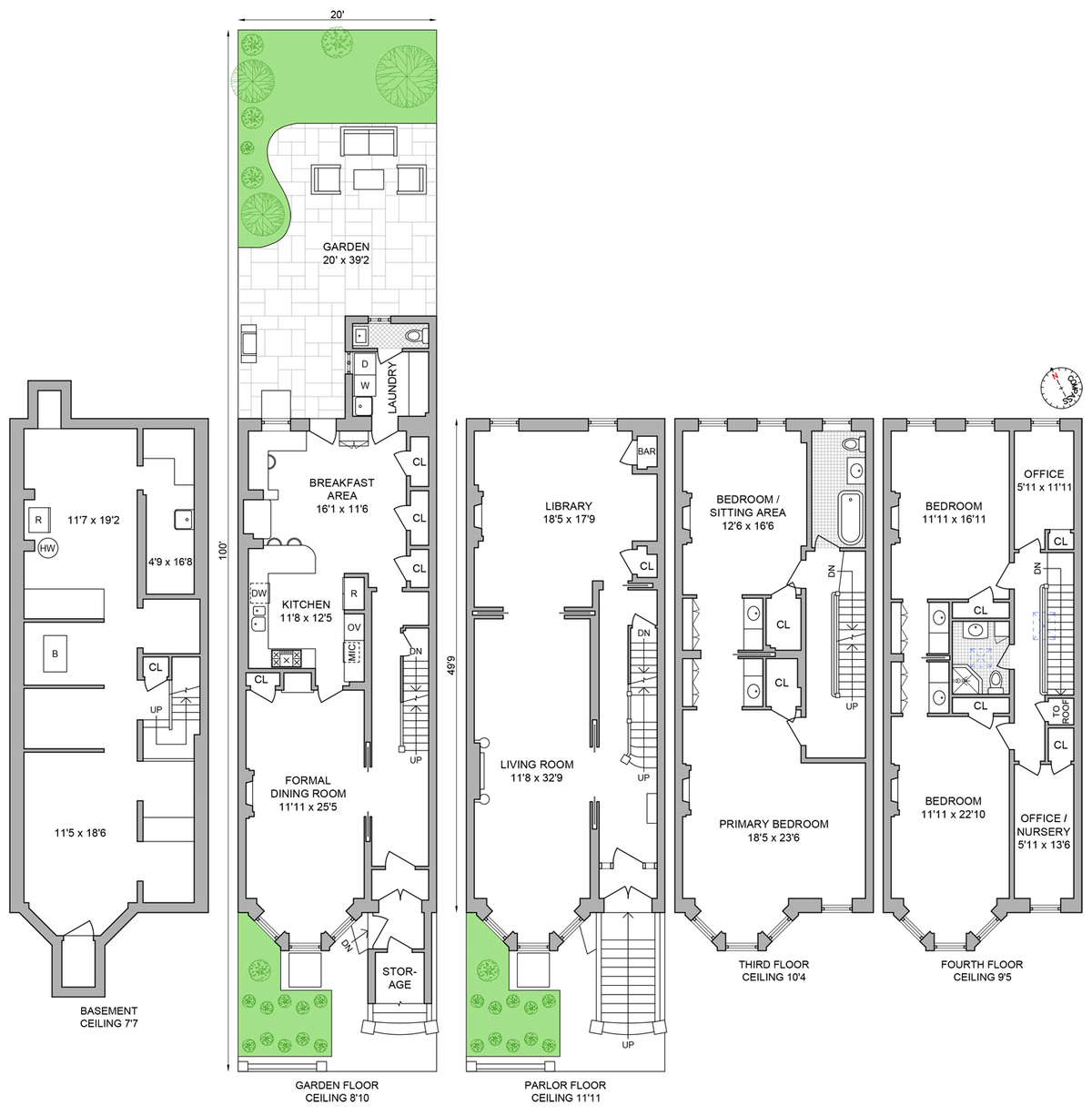 floor plan with kitchen on garden level and four floors of living space