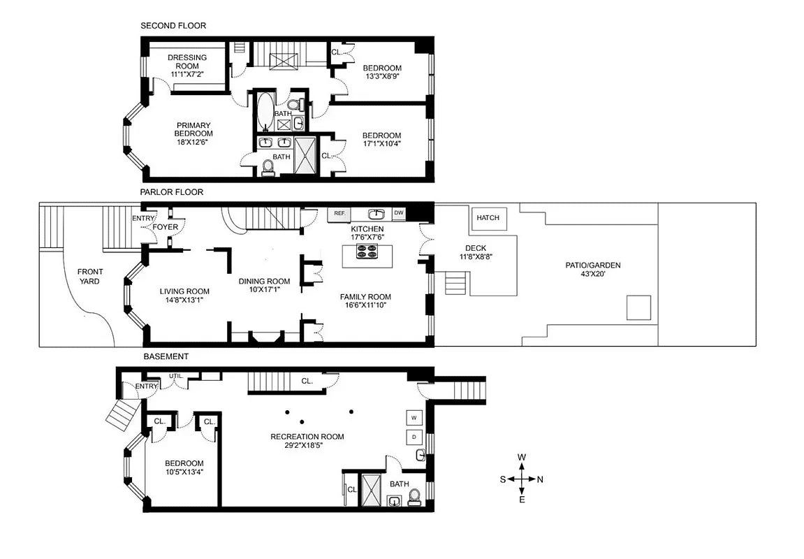 floorplan showing three bedrooms on 2nd floor and one in basement