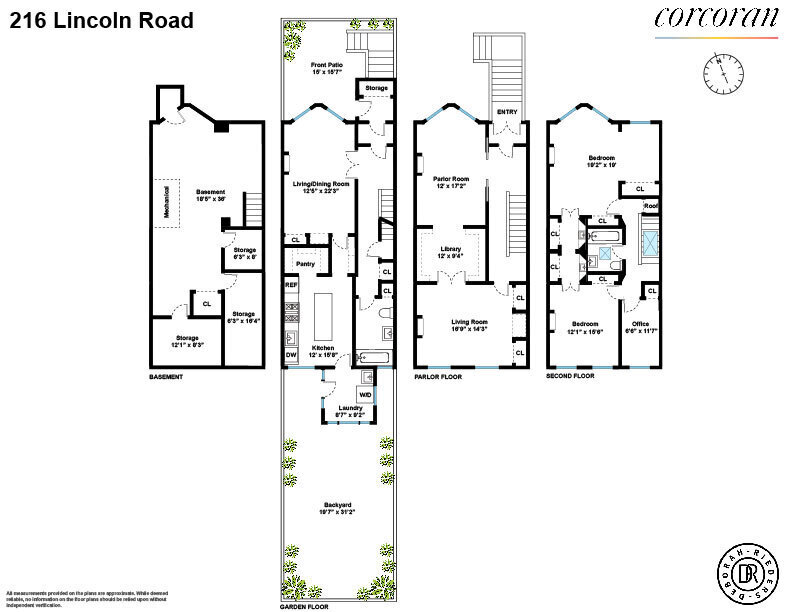 floor plan showing four levels with kitchen on the garden level and bedrooms on the third floor