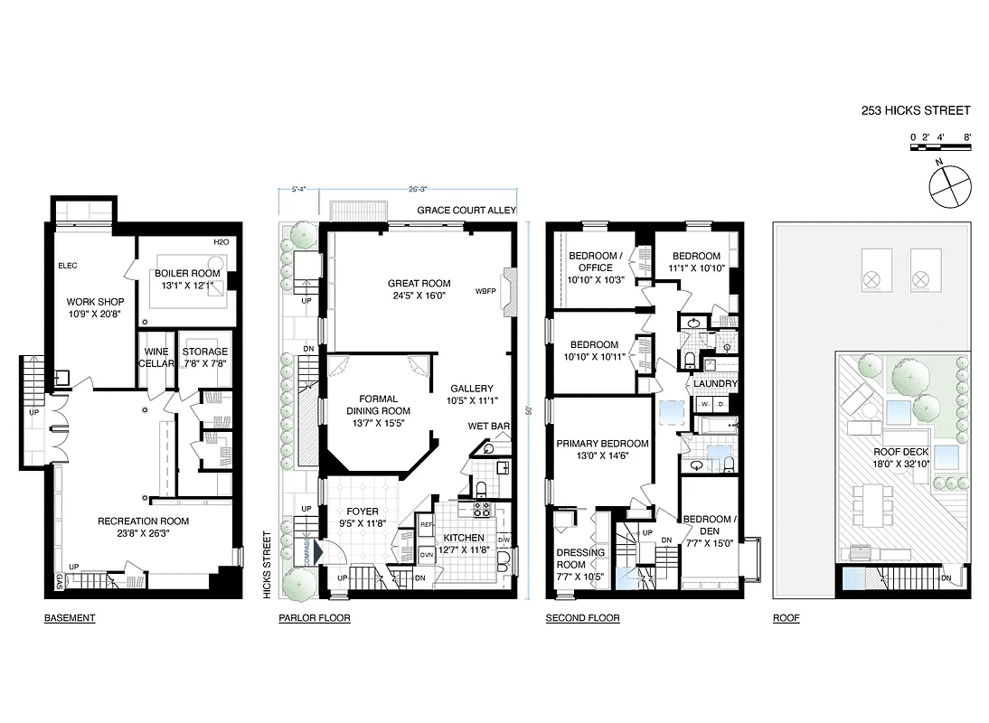 floorplan showing bedrooms on the second floor and a roof terrace above
