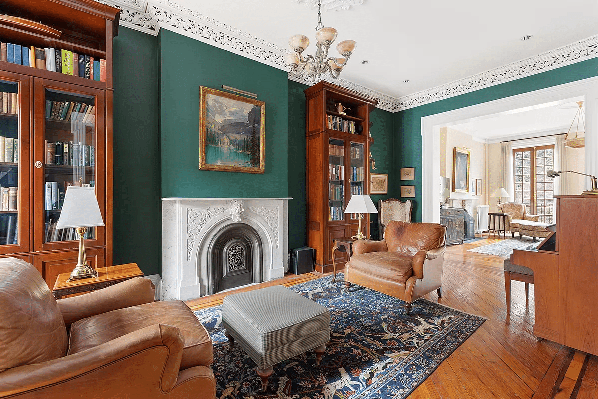 brooklyn heights - parlor with green walls and a marble mantel