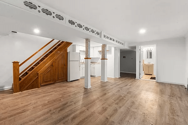 finished basement with kitchenette