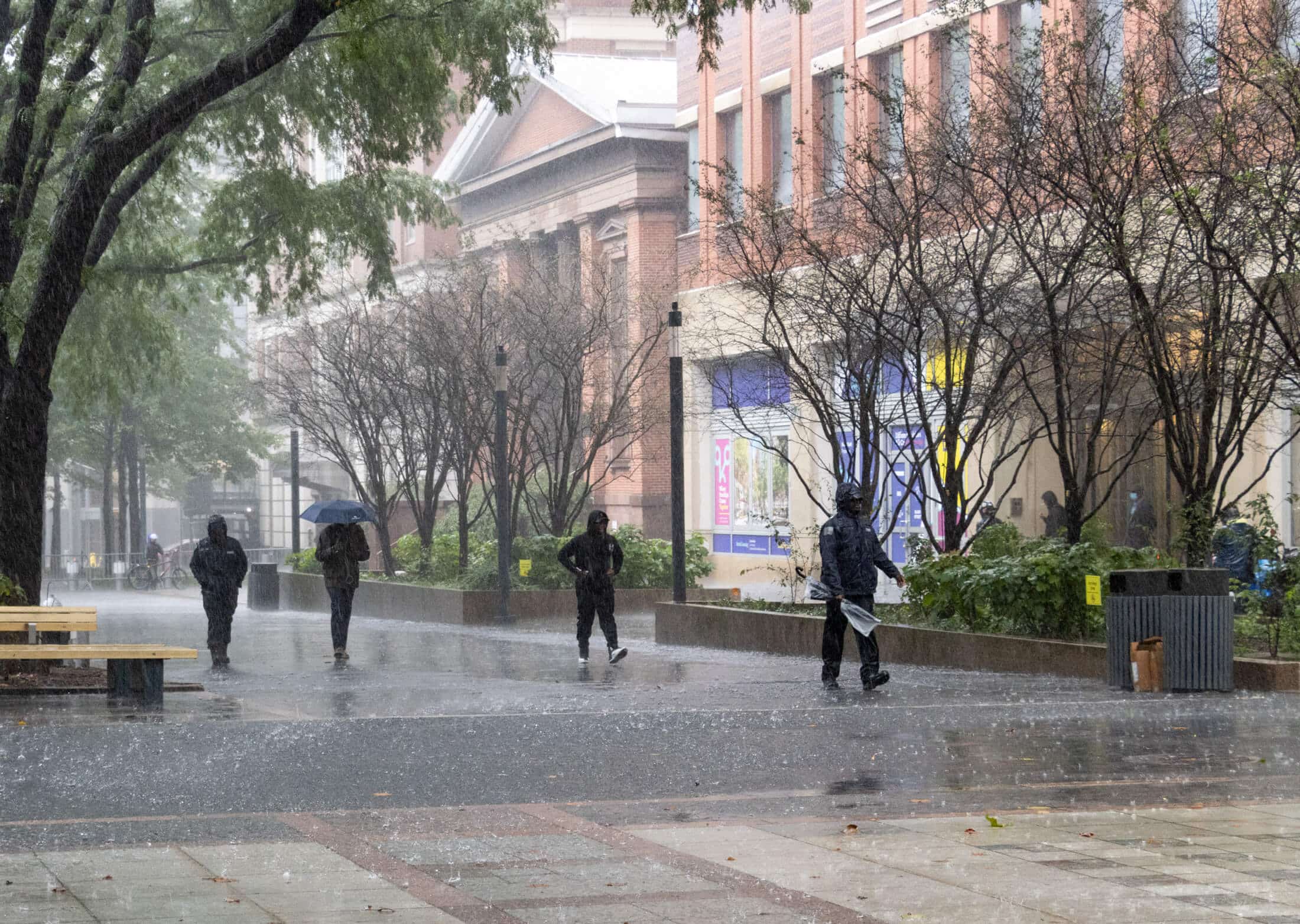 brooklyn - people dashing through the rain in Brooklyn Commons in Downtown Brooklyn