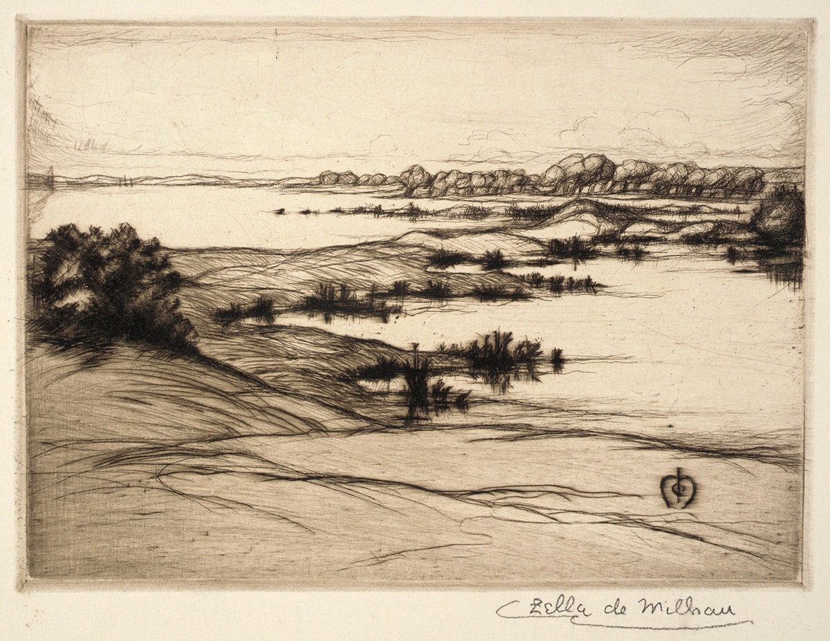 an etching of a landscape with a signature by zella de milhau