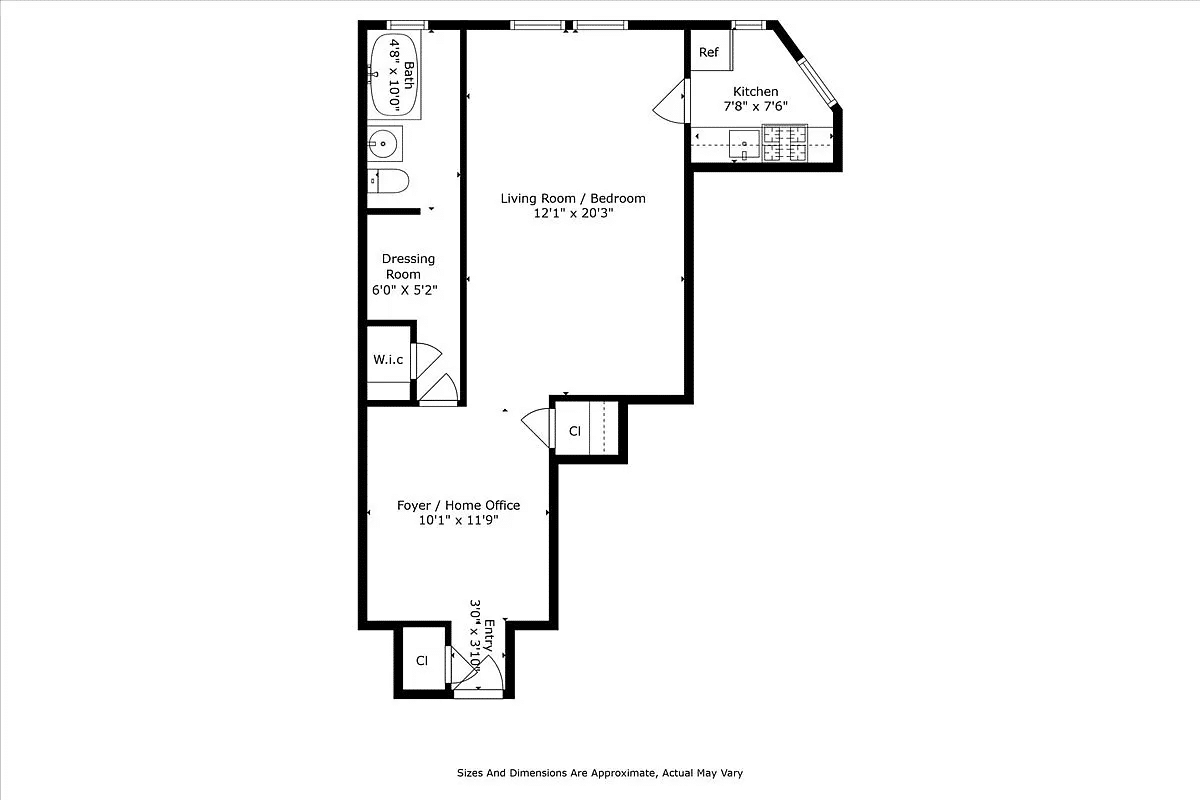 studio floor plan showing three closets, dressing area and foyer