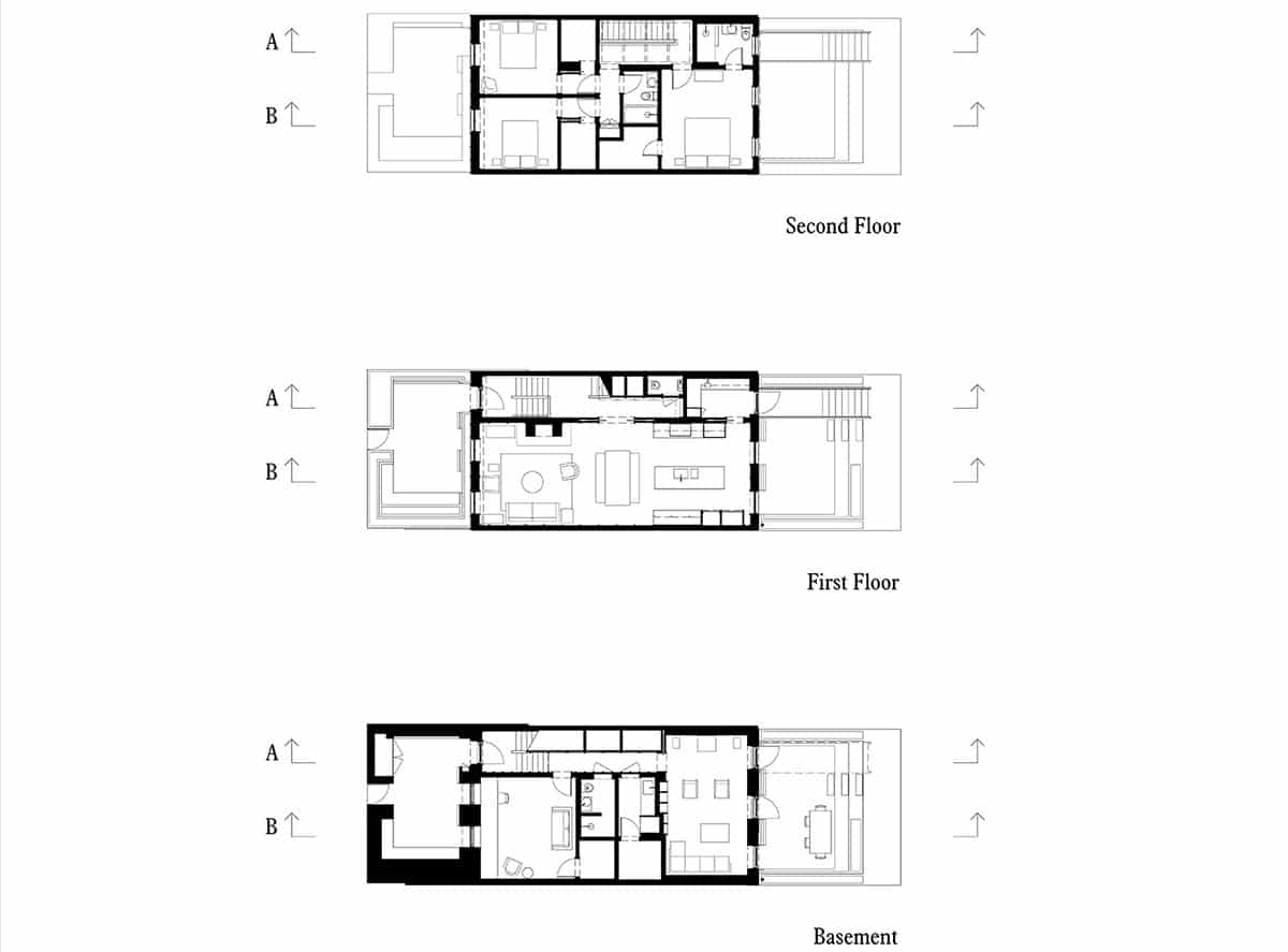 floor plans showing three levels of the house with kitchen on the parlor level