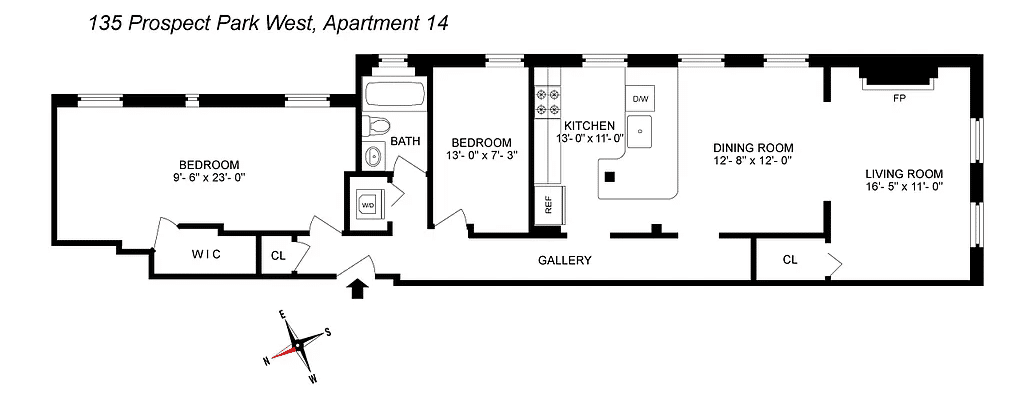 floorplan showing bedroom on one end of the apartment and living room at the other
