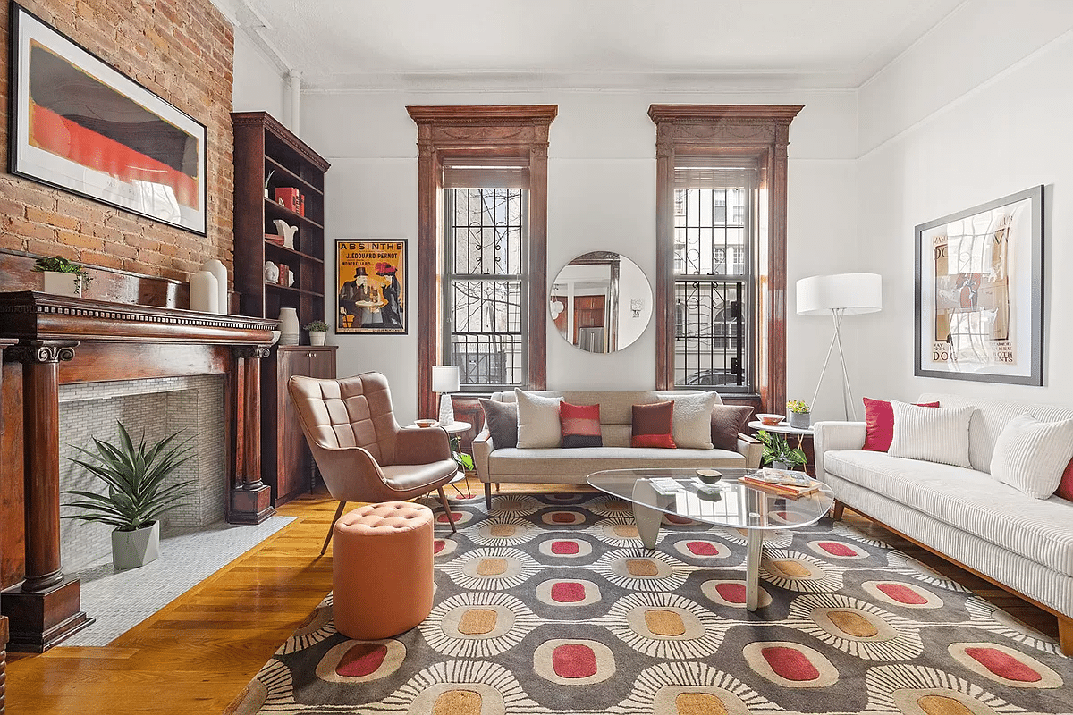 park slope - living room with columned wood mantel and wood floor