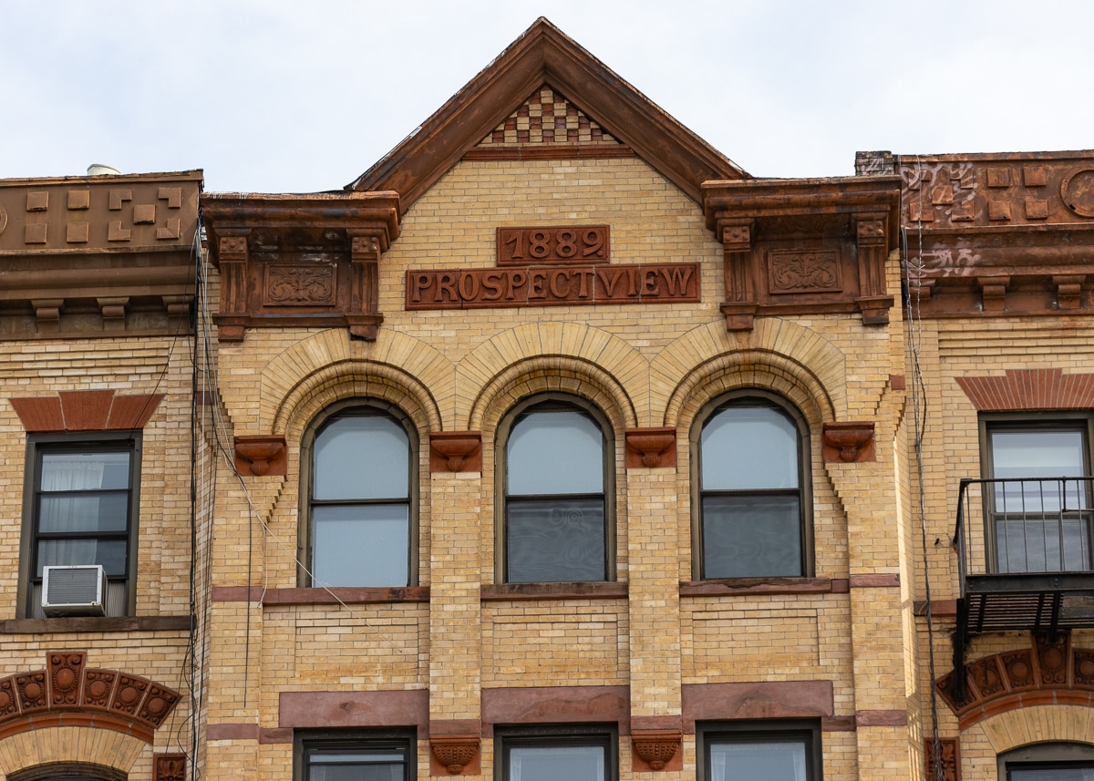brooklyn - cornice of a prospect heights building with "1889 prospect view" on the pediment