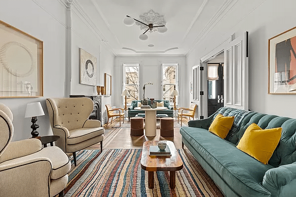 brooklyn -parlor with white walls and a ceiling medallion