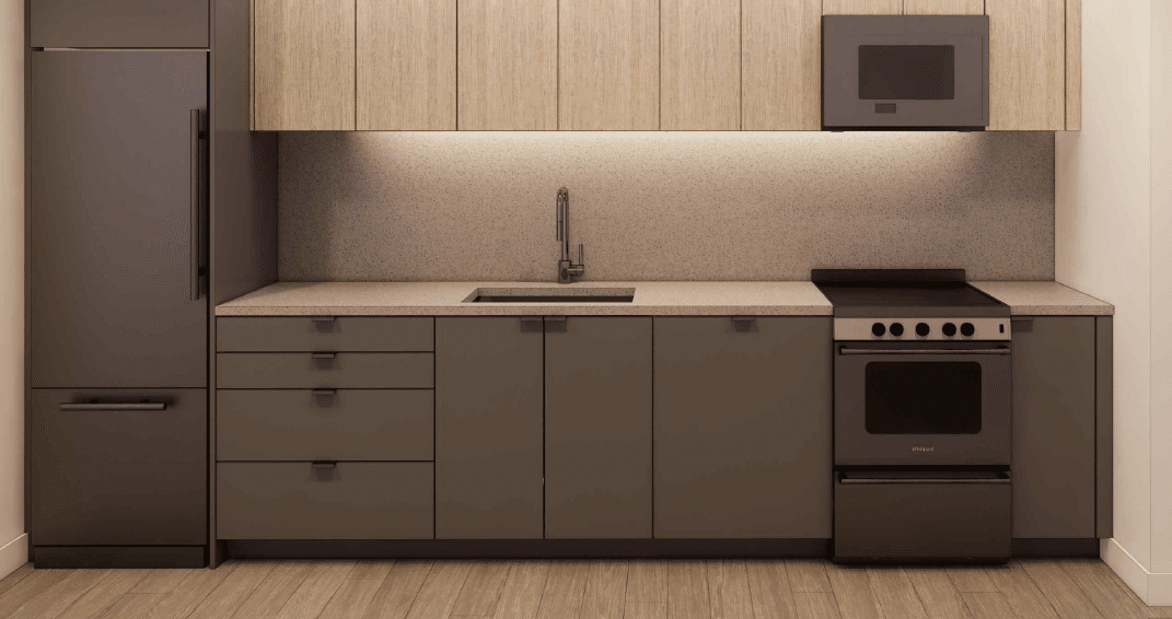 rendering of a kitchen with gray lower cabinets