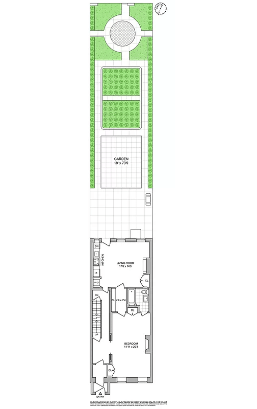 floor plan showing one bedroom unit and garden