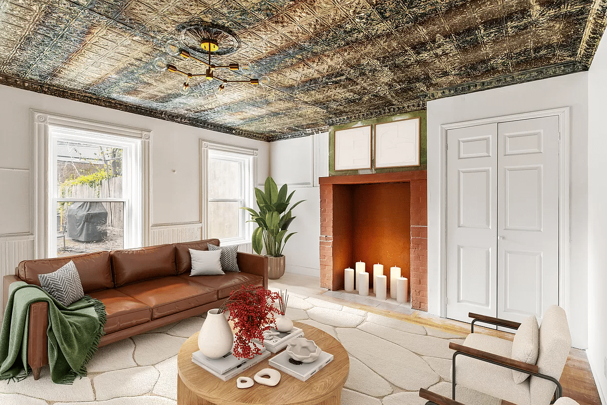 bed stuy - living room with painted tin ceiling and white walls