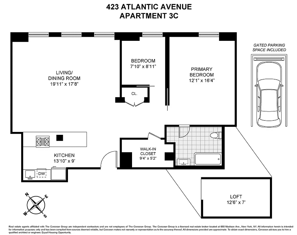 floor plan showing two bedrooms, one full bath and the parking space