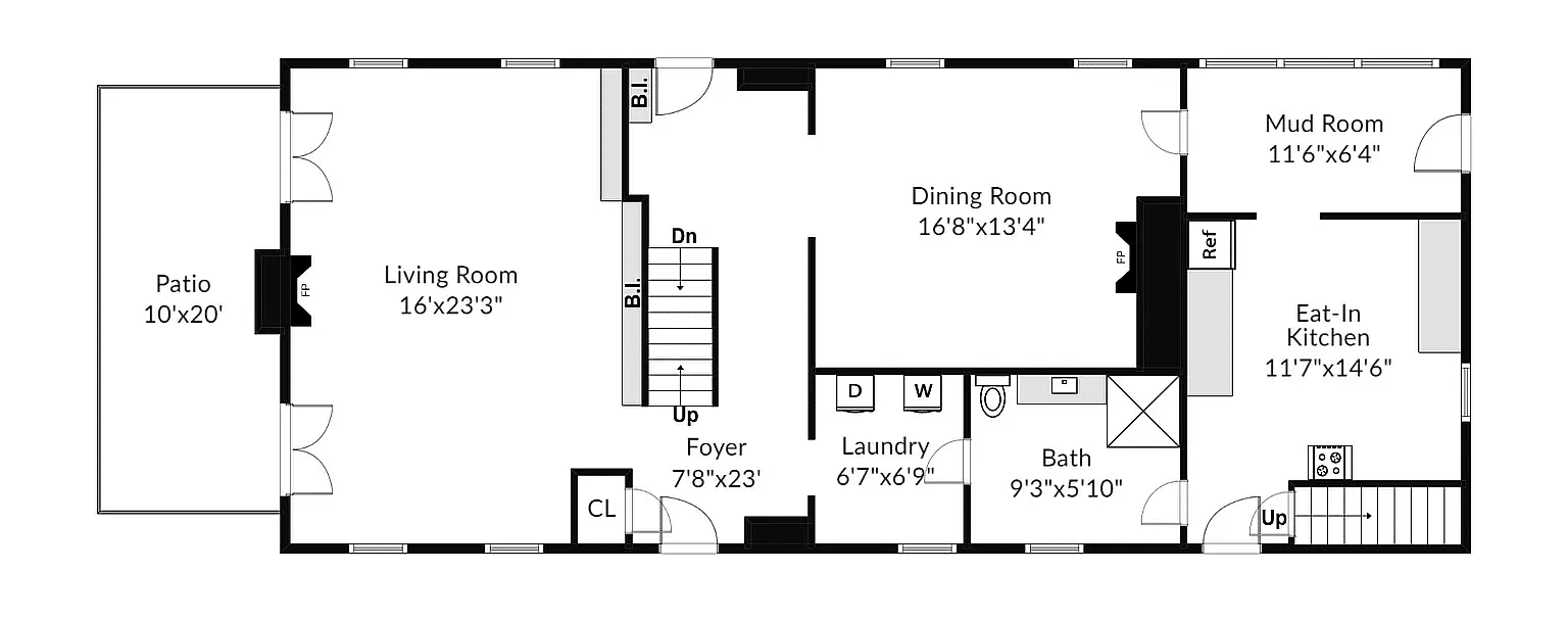 floor plan showing first floor with living, dining and kitchen