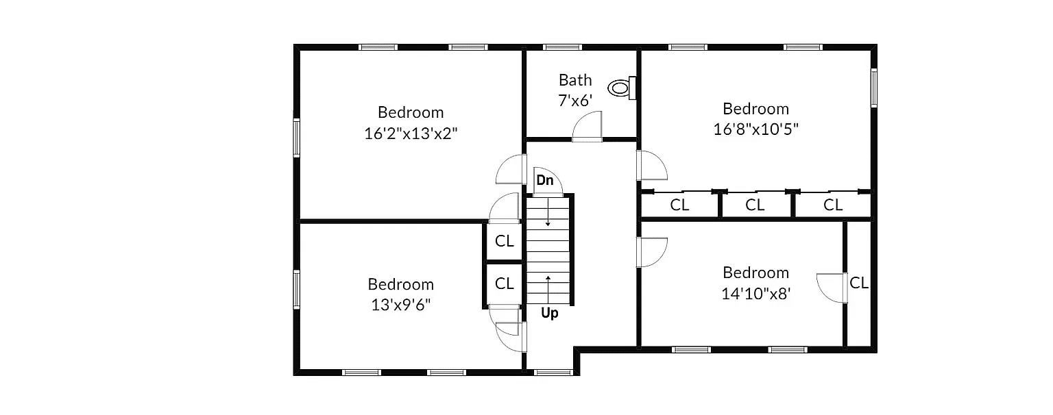 floor plan showing four bedrooms and one bath on the second floor