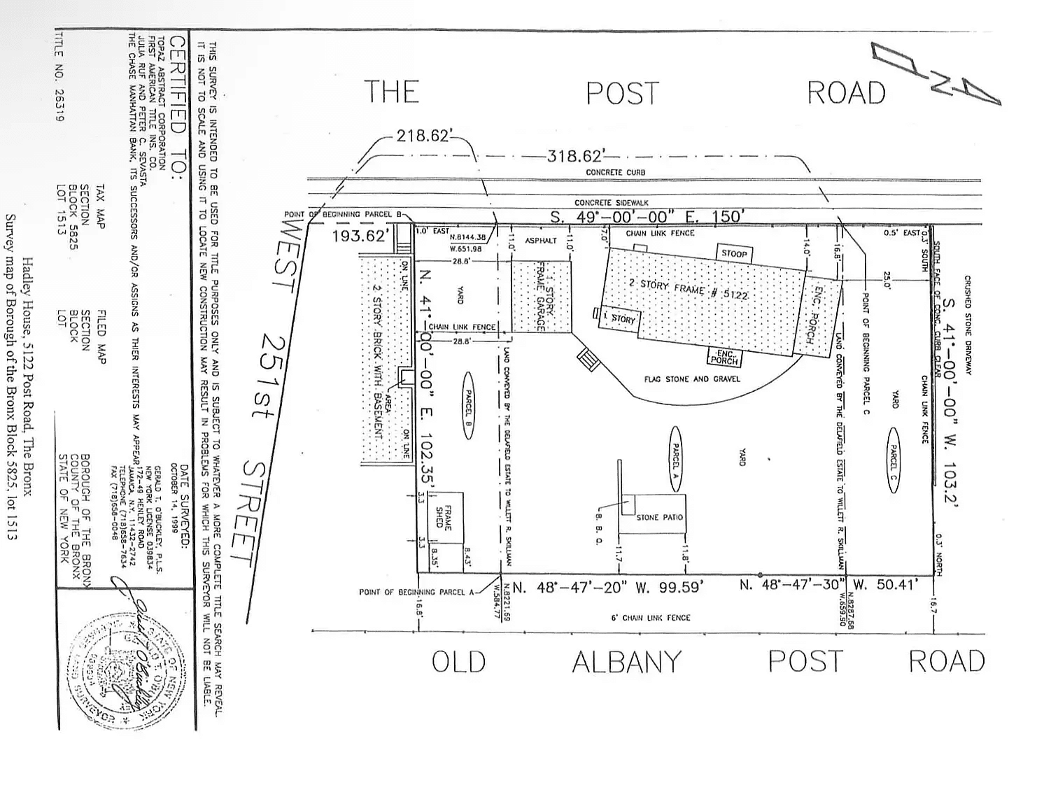 survey for site showing house with garage and a stone patio