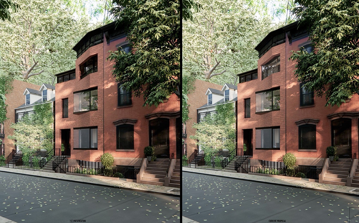 side by side renderings showing slight window change between earlier and current proposal