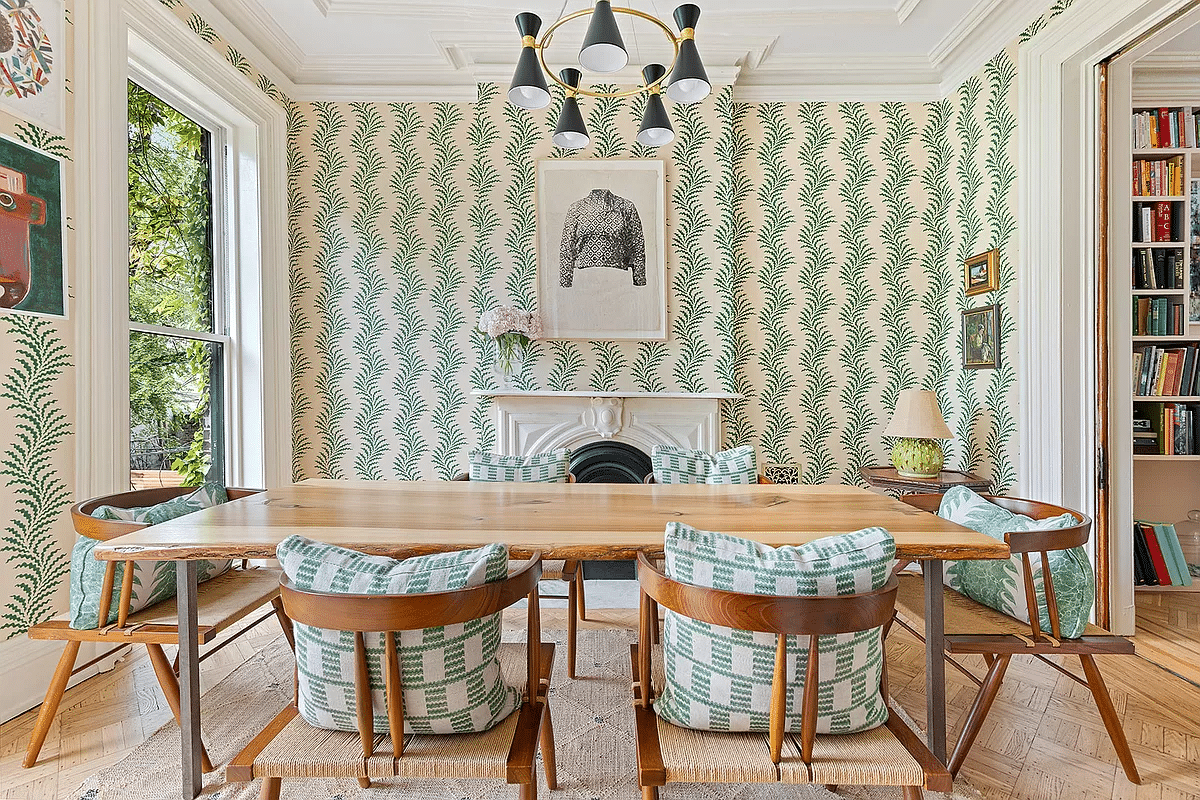 brooklyn - dining room with green wallpaper, marble mantel