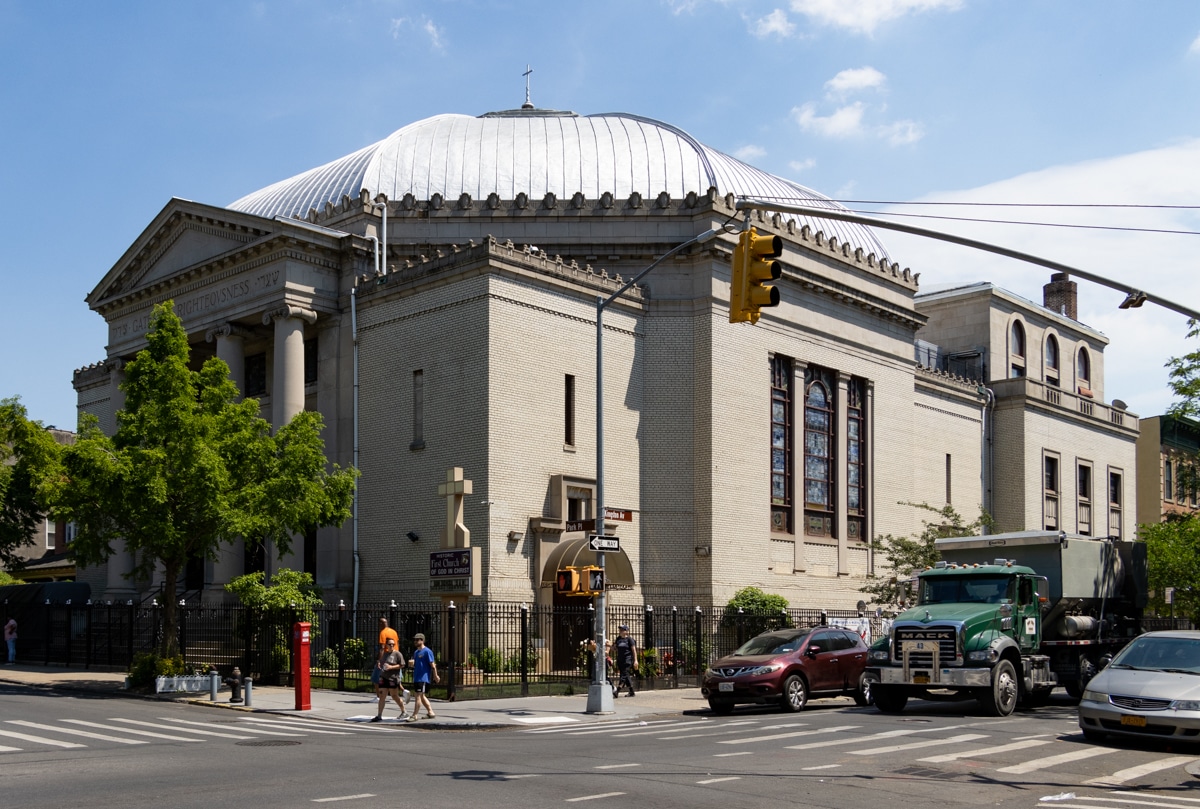 brooklyn - people crossing the street in front of a church