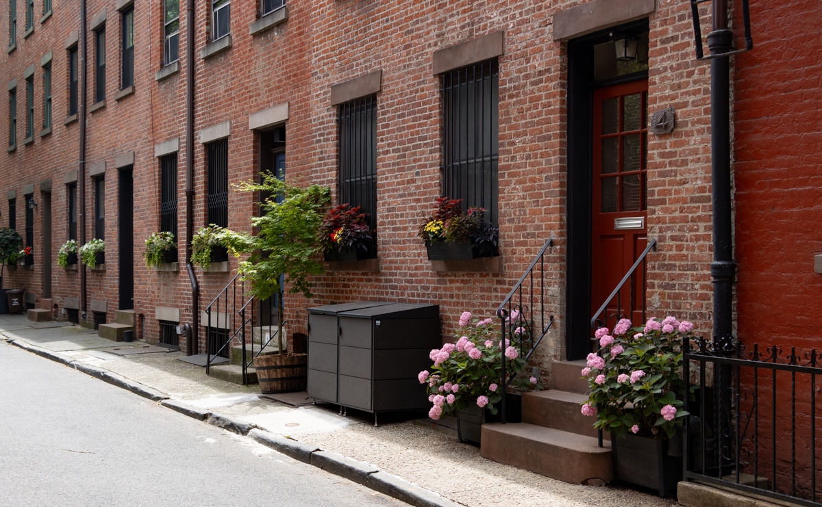 brooklyn - window boxes on brick carriage houses in cobble hill